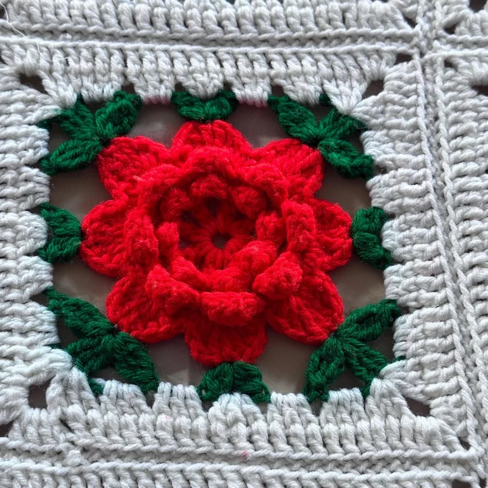Red Rose Granny Square Chrochet Blanket-‎ Handmade Afghan Throw, Vintage 1970's